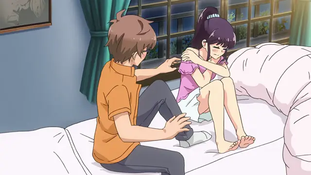 A male anime character in an orange shirt sits on a bed next to a girl with purple hair in a pink top, who is shown with an aroused expression as he holds her hands while looking down at her feet. Screenshot from Kimi ga Suki - Episode 2