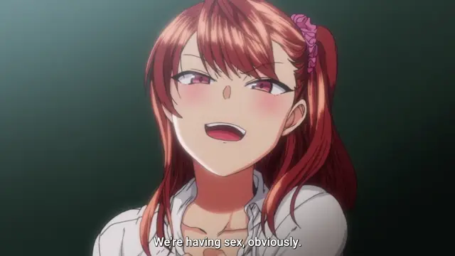 An anime girl with long red hair and pink hair ties looks up with a blushing face and a dazed expression, with subtitles at the bottom reading, "We're having sex, obviously.". Screenshot from Ijirare: Fukushuu Saimin - Episode 1
