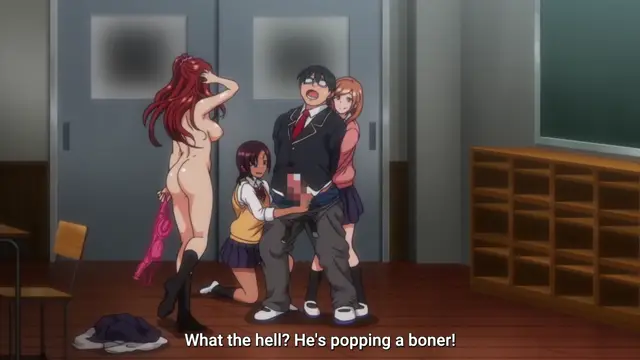 A schoolgirl with long red hair stands nude in a classroom while a male student with black hair is surrounded by four other schoolgirls, one of whom is kneeling in front of him while others cling to him, with the subtitle "What the hell? He's popping a boner!" displayed at the bottom. Screenshot from Ijirare: Fukushuu Saimin - Episode 1