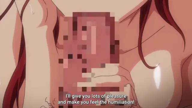 A close-up shot of a woman with long red hair and a large breast facing the camera, with her face pixelated, as she speaks the subtitle, "I'll give you lots of pleasure and make you feel the humiliation!". Screenshot from Ijirare: Fukushuu Saimin - Episode 1