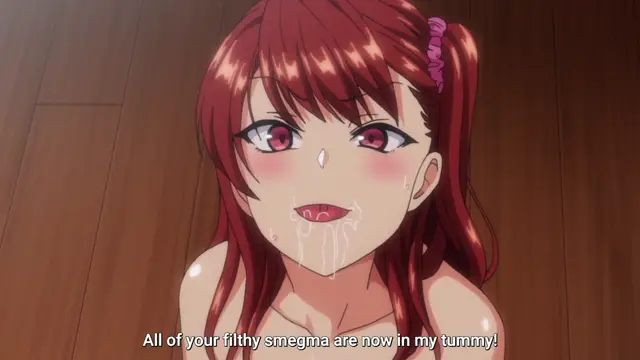 A blushing red-haired anime girl with a white liquid dripping from her mouth says, "All of your filthy smegma are now in my tummy!". Screenshot from Ijirare: Fukushuu Saimin - Episode 1