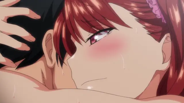 A close-up shot shows a girl with red hair and a blush on her face looking at a boy with black hair while lying down together. Screenshot from Ijirare: Fukushuu Saimin - Episode 1