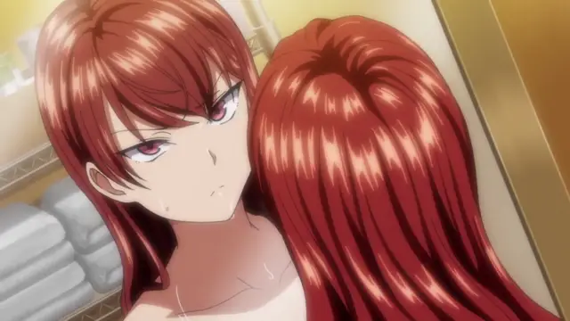 A red-haired anime girl with a sweating, blushing face lies on her back next to a large, erect penis. Screenshot from Ijirare: Fukushuu Saimin - Episode 2