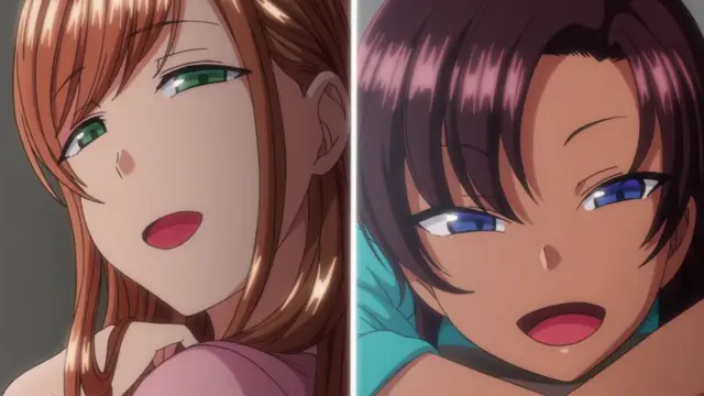 A split-screen image shows two anime girls with distinct facial expressions, featuring a light-skinned girl with long brown hair and green eyes on the left looking forward with a smirk, and a dark-skinned girl with short purple hair and blue eyes on the right looking toward the camera with an excited expression. Screenshot from Ijirare: Fukushuu Saimin - Episode 2
