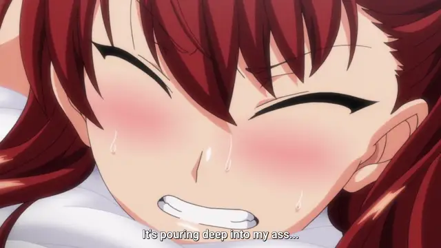 An anime girl with long red hair and blushing cheeks has her eyes closed in pleasure with sweat dripping down her face while a subtitle at the bottom reads, "It's pouring deep into my ass...". Screenshot from Ijirare: Fukushuu Saimin - Episode 2