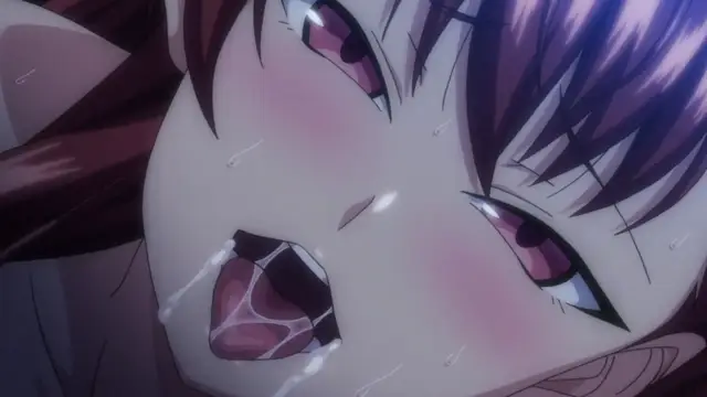 A close-up anime shot of a blushing, sweaty woman with reddish-purple hair looking up with a dazed expression and an open mouth while lying down. Screenshot from Ijirare: Fukushuu Saimin - Episode 3