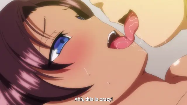 A close-up anime shot shows a girl with purple hair and blue eyes reacting with a blushing face and open mouth while a man with blonde hair is positioned over her, with the subtitle reading "Ahh, this is crazy!". Screenshot from Ijirare: Fukushuu Saimin - Episode 3
