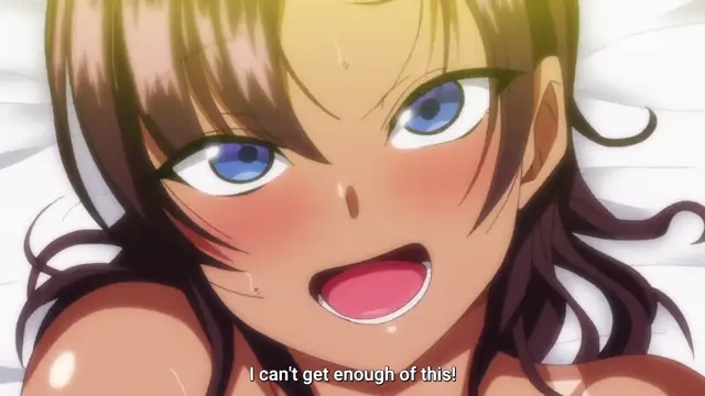 A close-up of an anime girl with blue eyes and blushing cheeks looking upwards with an open mouth and a subtitle that reads, "I can't get enough of this!". Screenshot from Ijirare: Fukushuu Saimin - Episode 3