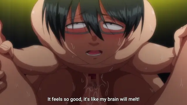A close-up of a male anime character with dark hair and glasses, blushing and sweating while being held from behind by a large-breasted woman, featuring the subtitle "It feels so good, it's like my brain will melt!". Screenshot from Ijirare: Fukushuu Saimin - Episode 3