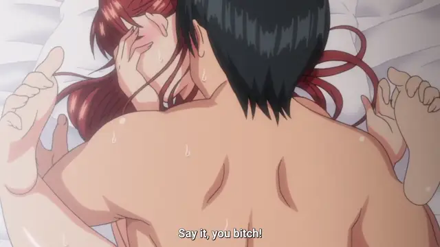 A shirtless man with black hair views the face of a blushing, sweating woman with long red hair lying on a bed as he says, "Say it, you bitch!". Screenshot from Ijirare: Fukushuu Saimin - Episode 3