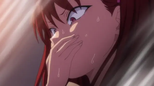 A blushing, heavy-breathing anime girl with red hair covers her mouth with her hand while looking up with a dazed expression. Screenshot from Ijirare: Fukushuu Saimin - Episode 4
