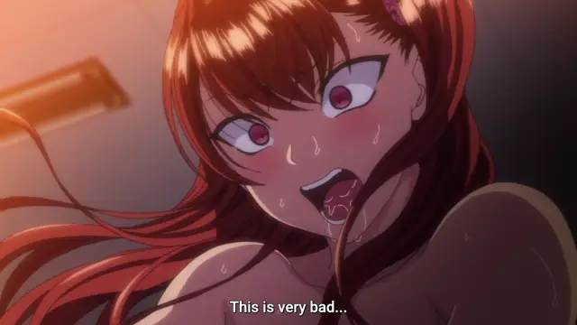 A sweating, red-haired anime girl with wide eyes and an open mouth looks shocked and embarrassed, with the subtitle "This is very bad..." appearing at the bottom of the frame. Screenshot from Ijirare: Fukushuu Saimin - Episode 4