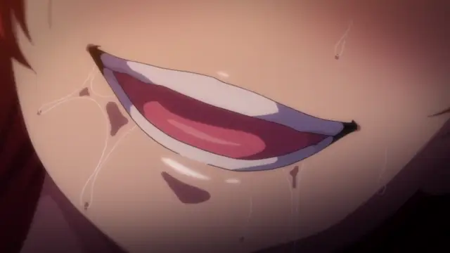 An extreme close-up of an anime girl's face with a wide, ecstatic grin, heavy sweating, and saliva dripping from her mouth. Screenshot from Ijirare: Fukushuu Saimin - Episode 4