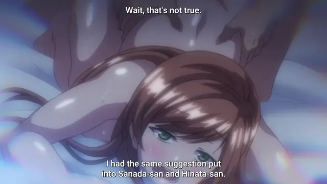 A close-up shot shows an anime woman with long brown hair lying on her back, looking distressed as she is positioned under a man's genitals, with subtitles reading, "Wait, that's not true. I had the same suggestion put into Sanada-san and Hinata-san.". Screenshot from Ijirare: Fukushuu Saimin - Episode 4