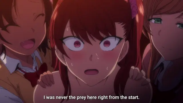 A blushing and wide-eyed girl with red hair looks shocked while being held from behind by two other characters in a scene subtitled, "I was never the prey here right from the start.". Screenshot from Ijirare: Fukushuu Saimin - Episode 4