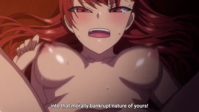 A close-up shot of an anime girl with long red hair, heavy breathing, and a flushed face showing her large bare breasts while the subtitles read, "into that morally bankrupt nature of yours!". Screenshot from Ijirare: Fukushuu Saimin - Episode 4