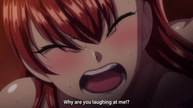 A close-up of a blushing anime girl with red hair, looking frustrated and crying out with the subtitle "Why are you laughing at me!?". Screenshot from Ijirare: Fukushuu Saimin - Episode 4