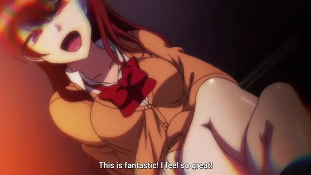 A girl with long red hair, wearing a school uniform with a red bow, has an ecstatic facial expression and her eyes are rolled back as she is being penetrated from behind in a high-angle shot with the subtitle "This is fantastic! I feel so great!". Screenshot from Ijirare: Fukushuu Saimin - Episode 4
