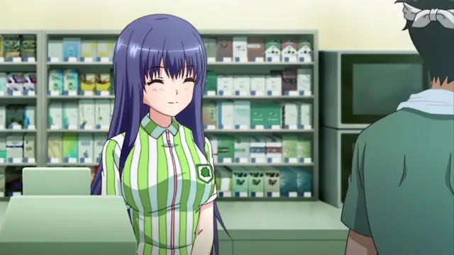 A purple-haired girl in a green and white striped uniform stands behind a counter, blushing and looking at a male character with her eyes closed and a smile. Screenshot from Ero Konbini Tenchou - Episode 1