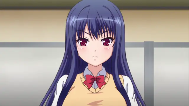 A long-haired anime girl with dark blue hair and a school uniform stands in a classroom with a surprised and blushing expression. Screenshot from Ero Konbini Tenchou - Episode 1