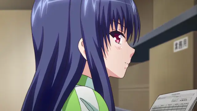 A long-haired anime girl with red eyes and a green outfit looks towards a document with a blushing expression. Screenshot from Ero Konbini Tenchou - Episode 1