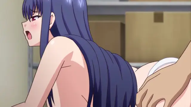A blue-haired girl with a blushing face and open mouth is bent forward while a man's hand holds her from behind in a warehouse setting. Screenshot from Ero Konbini Tenchou - Episode 1