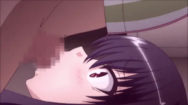 A close-up of an anime girl with dark hair and blushing cheeks lying down as she is being penetrated by a man. Screenshot from Ero Konbini Tenchou - Episode 1