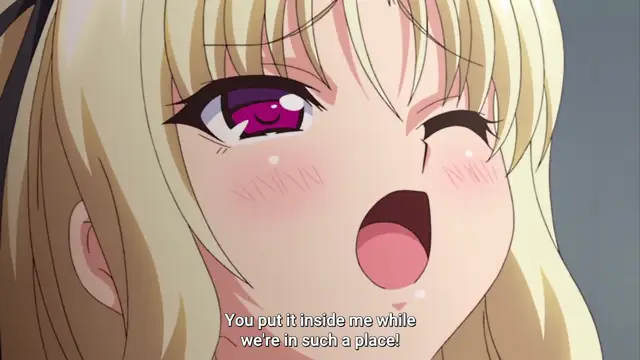 A close-up of a blonde-haired anime girl with a blushing face and one eye closed, looking surprised with her mouth open as a subtitle at the bottom reads, "You put it inside me while we're in such a place!". Screenshot from Ero Konbini Tenchou - Episode 2