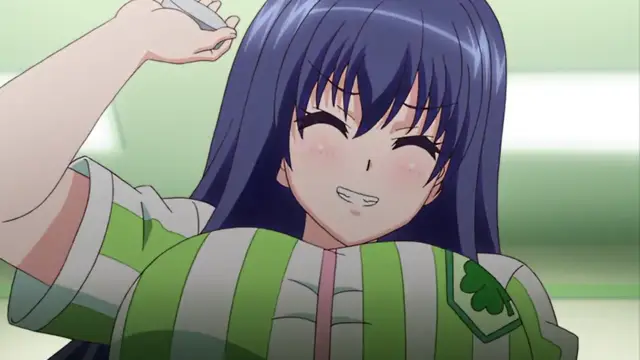 A blue-haired anime girl with a blushing face and closed eyes smiles while wearing a green and white striped school uniform and holding a small object in her hand. Screenshot from Ero Konbini Tenchou - Episode 2
