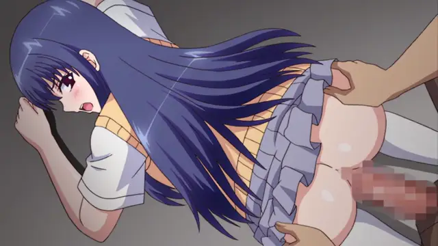 An anime girl with long blue hair and a school uniform is lying on her side while being penetrated from behind by a man whose face is out of frame. Screenshot from Ero Konbini Tenchou - Episode 2