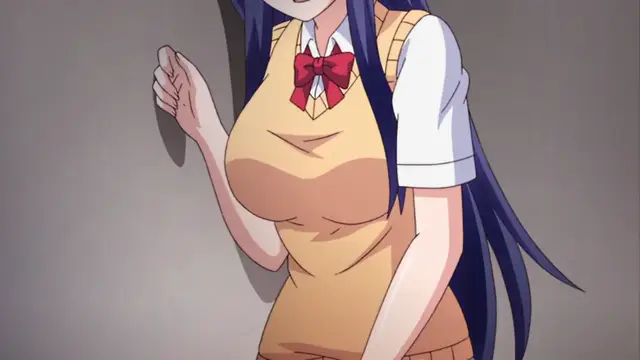 A high-quality anime girl with long blue hair, wearing a yellow school uniform with a red bow, poses against a wall with a blushing face and large breasts. Screenshot from Ero Konbini Tenchou - Episode 2