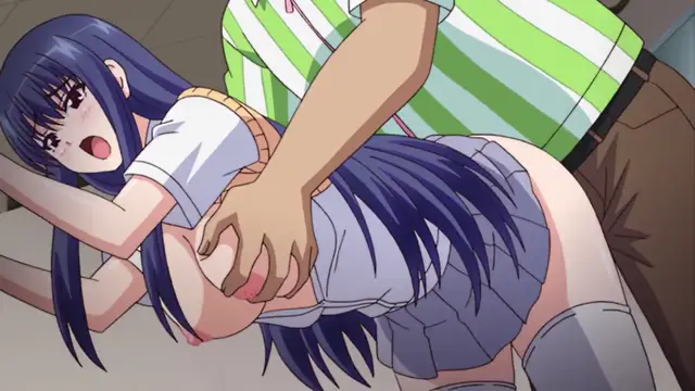 A blue-haired anime girl in a school uniform is pinned face down on the floor by a man in a striped shirt who is grabbing her breasts. Screenshot from Ero Konbini Tenchou - Episode 2