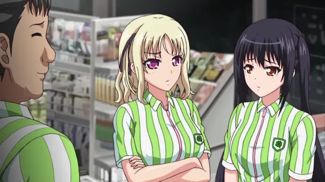 A man with a smirk stands to the left of two girls in striped uniforms who have concerned expressions while standing in a convenience store. Screenshot from JK to Ero Konbini Tenchou - Episode 1