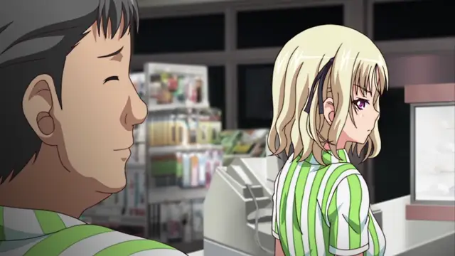 A blonde anime girl in a green and white striped uniform stands at a convenience store counter looking towards a smiling man in a similar uniform. Screenshot from JK to Ero Konbini Tenchou - Episode 1