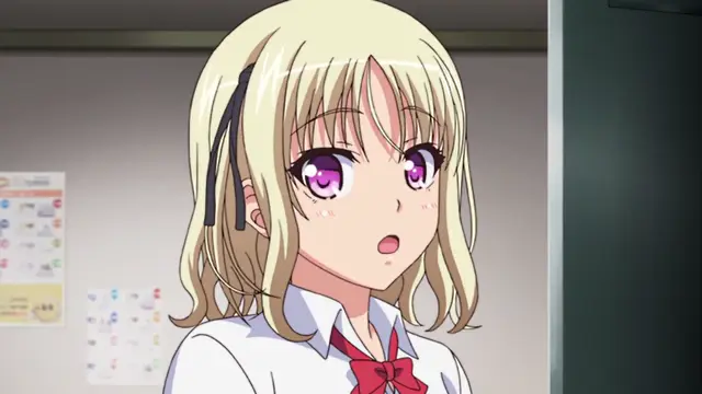 A blonde anime girl with purple eyes, wearing a school uniform with a red ribbon, looks surprised with an open mouth in a classroom setting. Screenshot from JK to Ero Konbini Tenchou - Episode 1