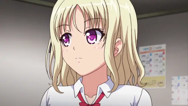 A blonde anime girl with purple eyes and a blushing face wears a school uniform and looks ahead with a neutral expression. Screenshot from JK to Ero Konbini Tenchou - Episode 1