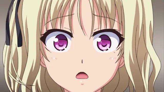 A close-up shot of a blonde anime girl with large purple eyes and a shocked expression, her mouth slightly open and blushing cheeks. Screenshot from JK to Ero Konbini Tenchou - Episode 1