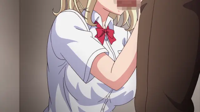A blonde woman in a white short-sleeved shirt and red bow tie leans into a man's brown suit, blushing as she rests her hand on his chest. Screenshot from JK to Ero Konbini Tenchou - Episode 1