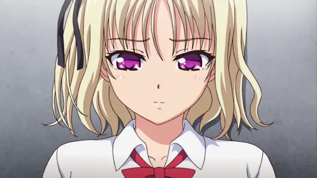 A blonde anime girl with purple eyes and a school uniform looks forward with a neutral, slightly pouting expression. Screenshot from JK to Ero Konbini Tenchou - Episode 1