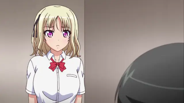 A blonde-haired girl with pink eyes wearing a white short-sleeved uniform with a red bow looks surprised and wide-eyed while facing a dark-haired character in this scene. Screenshot from JK to Ero Konbini Tenchou - Episode 2