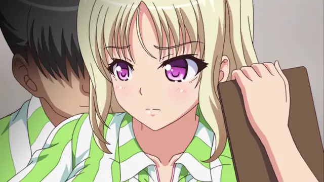 A blonde anime girl with a blushing face and purple eyes stands in the foreground, while a dark-haired man looms behind her with a devious expression. Screenshot from JK to Ero Konbini Tenchou - Episode 2