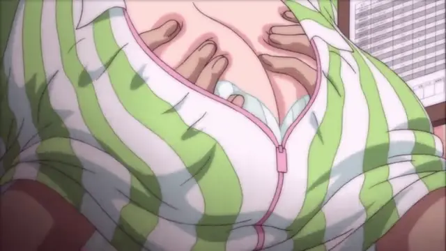 A close-up shot shows an anime girl's large breasts spilling out of her unzipped green and white striped top, with her hands pressing against her chest and her nipples visible. Screenshot from JK to Ero Konbini Tenchou - Episode 2