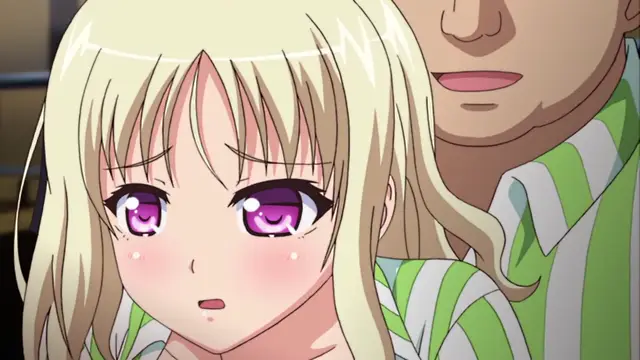 A blushing blonde girl with purple eyes looks surprised and embarrassed as a man with a smirk stands close behind her. Screenshot from JK to Ero Konbini Tenchou - Episode 2