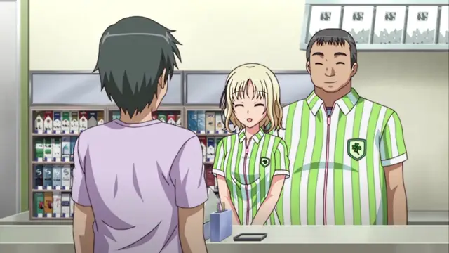 A boy in a light purple shirt stands at a counter facing a blonde girl in a green striped uniform and a larger man in a matching green striped shirt who both have expressions of pleasure or arousal. Screenshot from JK to Ero Konbini Tenchou - Episode 3