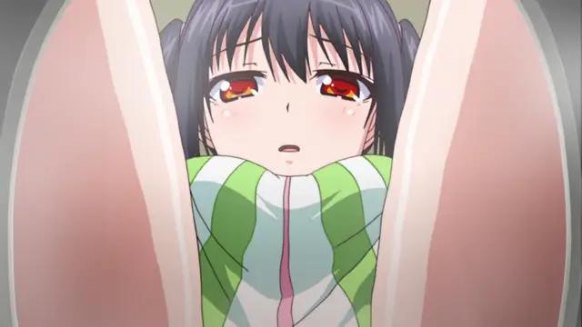 A close-up shot shows a blushing, wide-eyed anime girl with dark hair and a green and white striped outfit squeezed between two large, smooth breasts. Screenshot from JK to Ero Konbini Tenchou - Episode 3