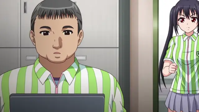 A man with short black hair wearing a green and white striped shirt sits at a desk looking surprised while a girl in a matching uniform and a pleated skirt stands in a doorway behind him. Screenshot from JK to Ero Konbini Tenchou - Episode 3