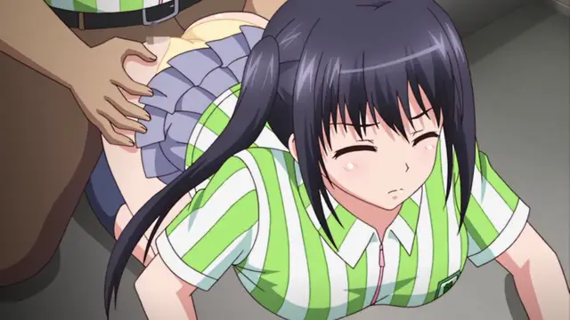 A dark-haired girl in a green and white striped school uniform is face-down on the floor with her eyes closed in a daze while a person's hand rests on her skirt and buttocks. Screenshot from JK to Ero Konbini Tenchou - Episode 4