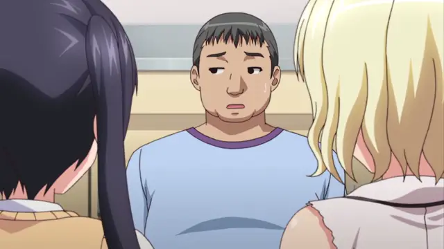 A middle-aged Japanese man with a worried expression sits between two young women with long hair, looking distressed as they engage in a conversation. Screenshot from JK to Ero Konbini Tenchou - Episode 4