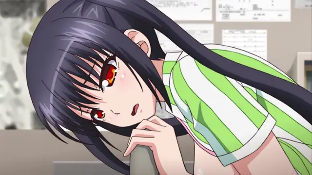 An anime girl with long dark hair and red eyes wearing a green and white striped top looks up with a dazed expression while leaning against a grey pillar. Screenshot from JK to Ero Konbini Tenchou - Episode 4