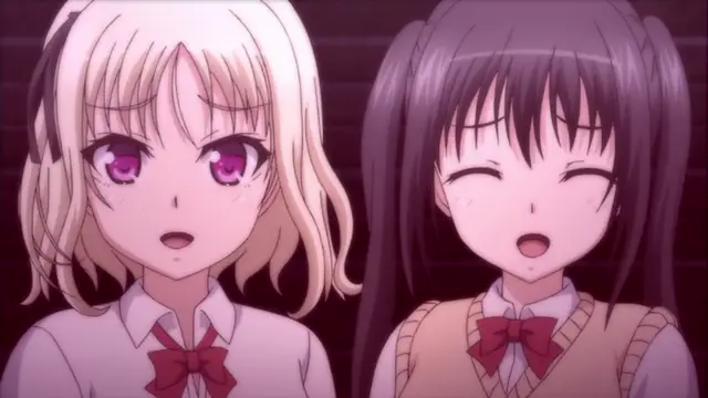 Two anime girls with wide eyes and open mouths look on in surprise as they wear school uniforms and red bows in a dimly lit room. Screenshot from JK to Ero Konbini Tenchou - Episode 5